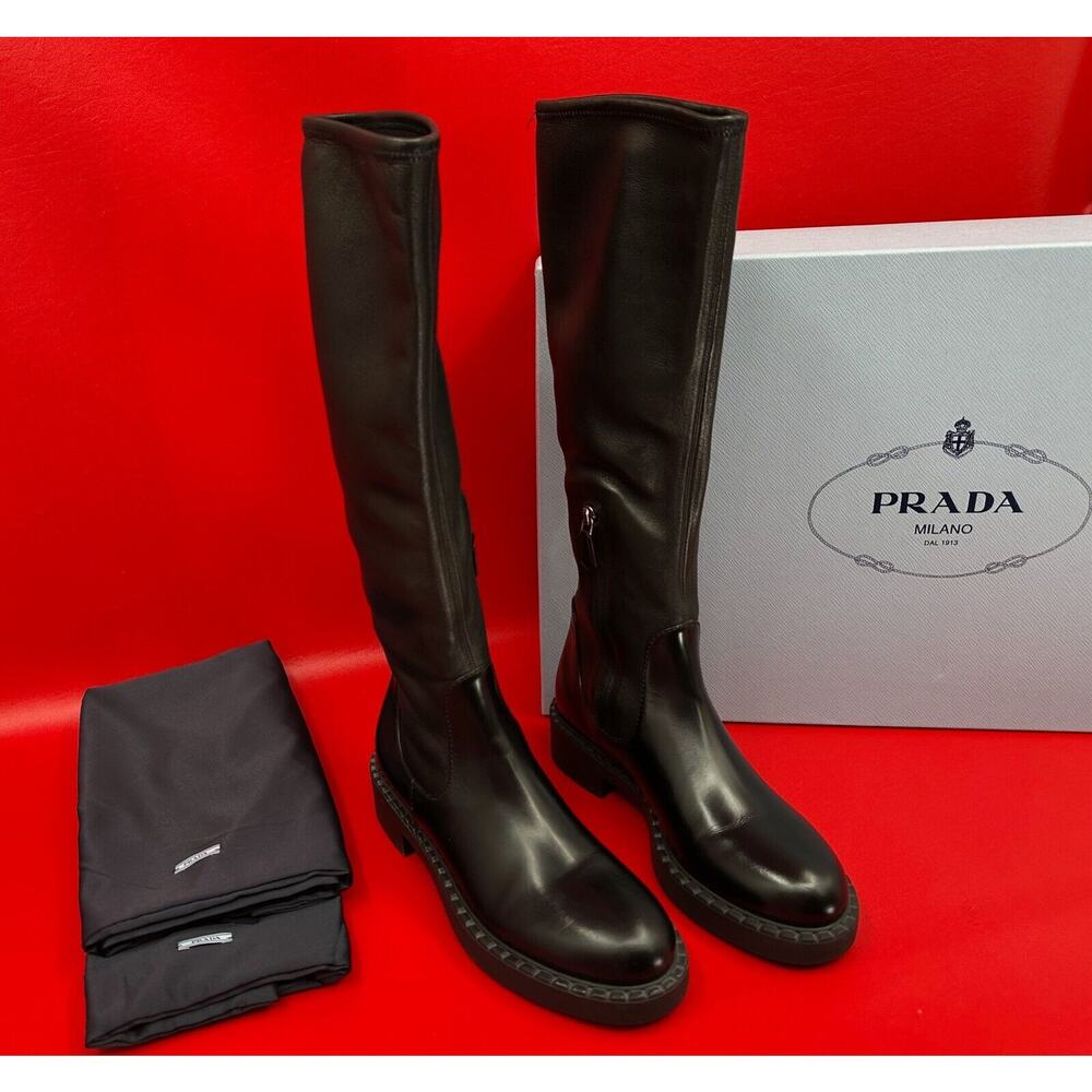 Prada Knee High Black Nappa Leather Stretch Moto Boots Size 36 1/2 Made Italy - Picture 3 of 15